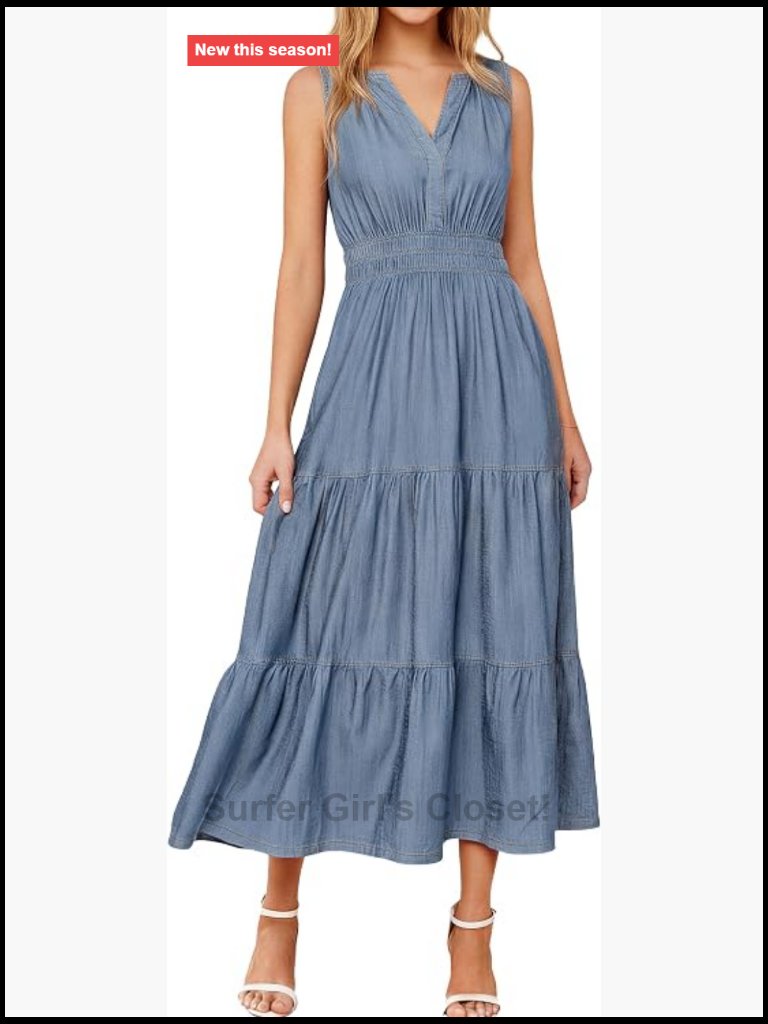 Womens Sleeveless Denim Maxi Dress Empire Waist Flowy A-Line Chambray With